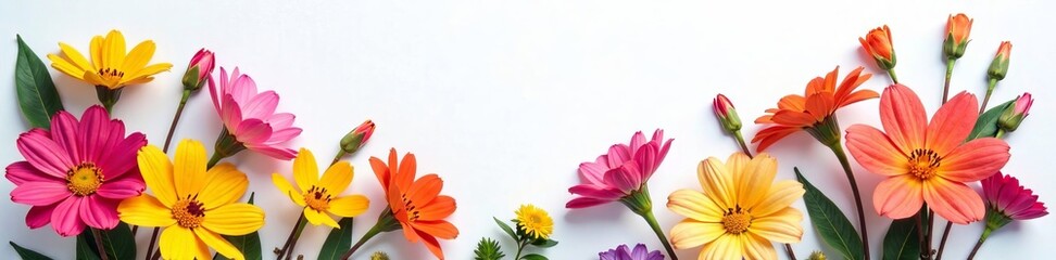 Vibrant flowers in various colors arranged beautifully on a clean background.