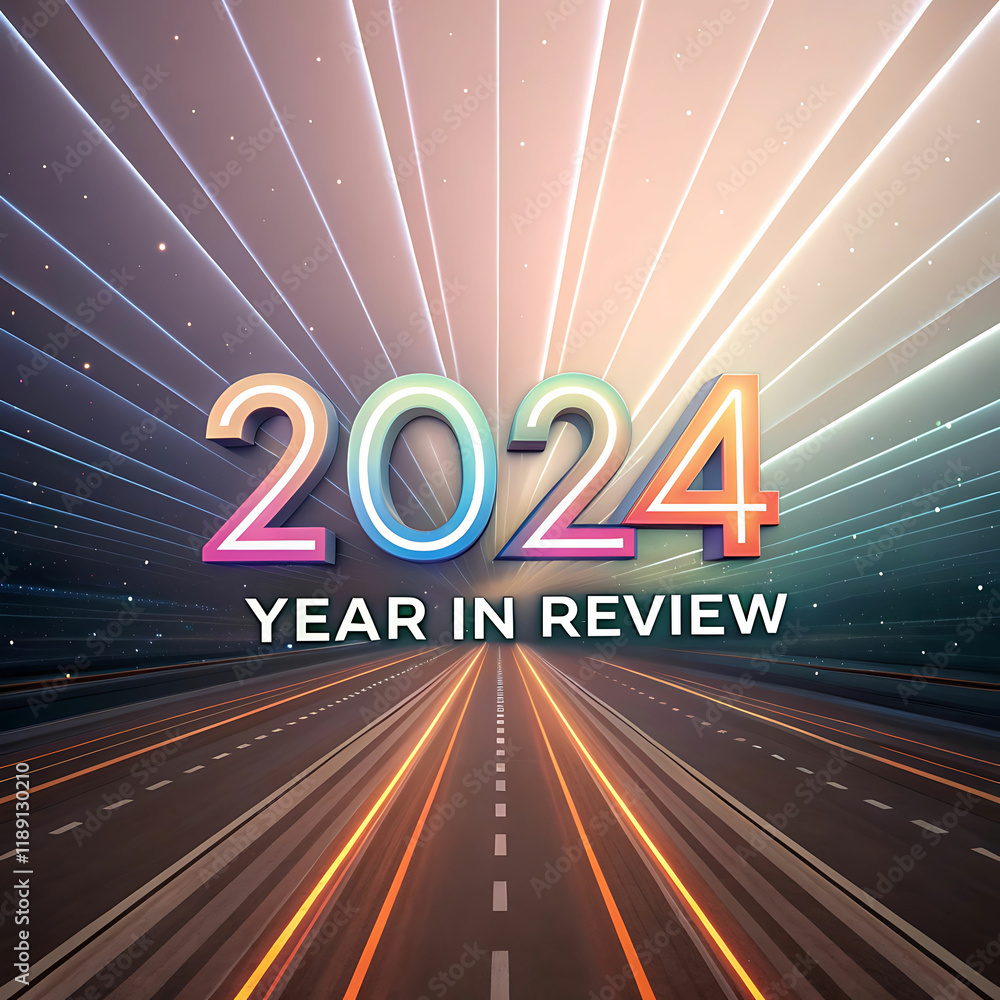 Fototapete 2024 year in review abstract art with glowing colorful numbers and dynamic lines
