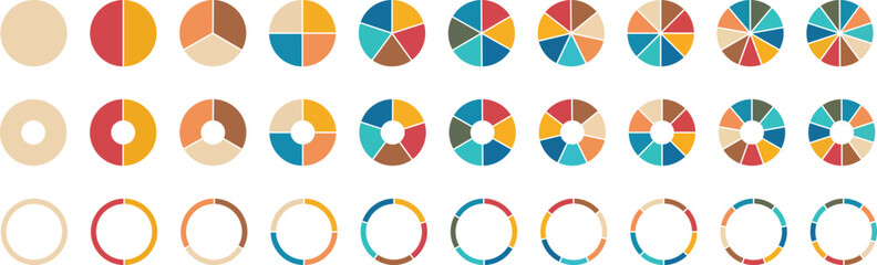 Circle pie chart diagram. 1,2,3,4,5,6,7,8,9,10, sections or steps. Flat process cycle. Progress sectors. Vector 10 eps.