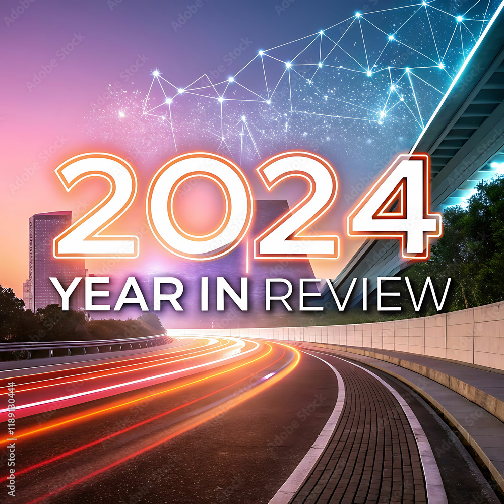 Fototapete 2024 year in review abstract art with glowing colorful numbers and dynamic lines