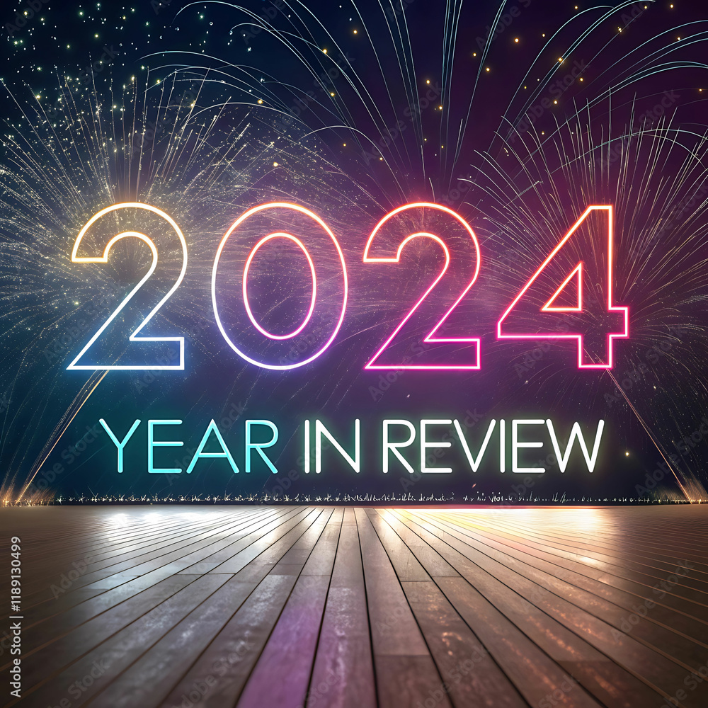 Fototapete 2024 year in review abstract art with glowing colorful numbers and dynamic lines