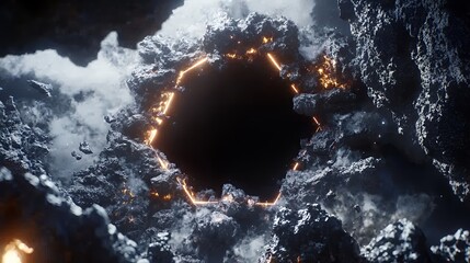 Hexagonal Void: A Glowing Gateway in a Rocky, Volcanic Landscape