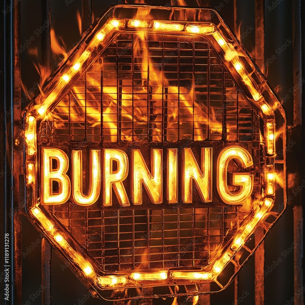 Poster bright geometric hexagon design with burning text and fiery background effect