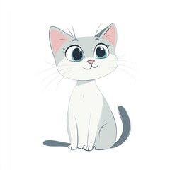 Fototapeta premium Cute cartoon grey kitten sitting, white background, children's book illustration