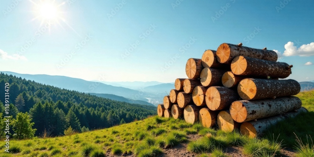 Poster sunlit stack of logs on verdant hilltop with distant mountain range