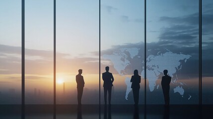 Business professionals stand in modern office gazing at breathtaking sunset cityscape. Global perspective, teamwork evident in inspirational urban setting. Global vision, tech driven strategy key