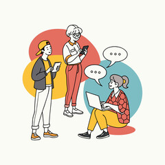 Group of Young Adults Socializing Using Digital Devices Outdoors