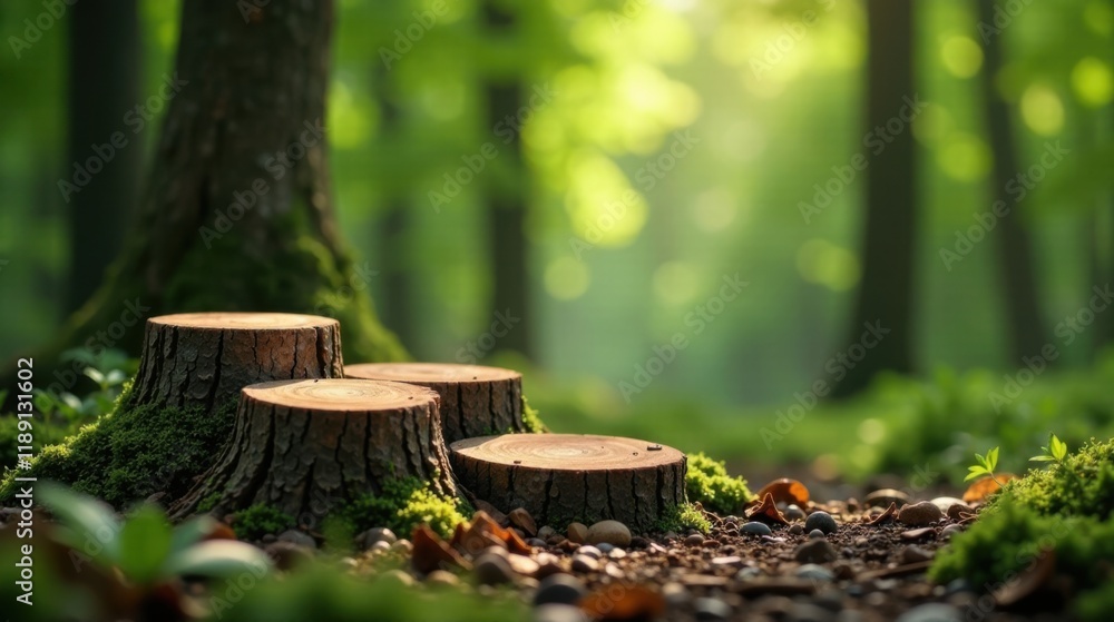 Poster serene forest setting with three tree stump displays