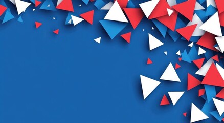 Blue background with red and white triangles on the edges, red, blue, and white triangle elements, geometric shapes, flat design style