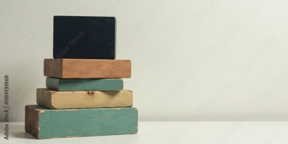 Poster Stack of painted wooden blocks with a small black square on top