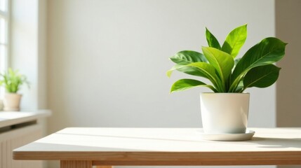 Bright sunlight illuminates a leafy green plant in a minimalist white pot, sitting on a light wood table