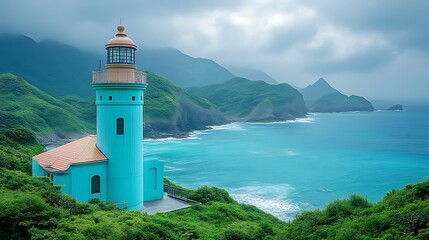 Turquoise Lighthouse on Verdant Coastal Cliffs Overlooking Ocean