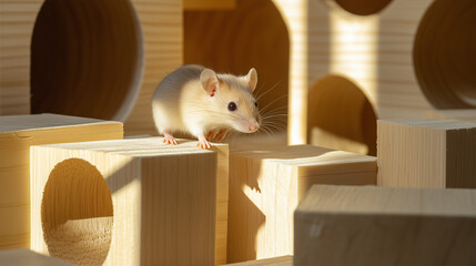 Obraz premium Rat Climbing Over Obstacle in Wooden Maze