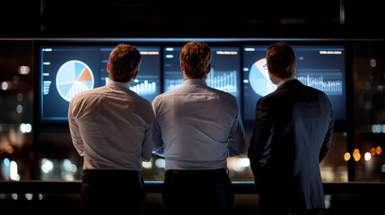 Businessmen analyzing data on screens at night, showcasing teamwork and strategy. city lights create dynamic backdrop, emphasizing importance of data driven decisions