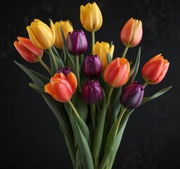 Naklejka premium Colorful tulip stems in a bouquet against a dark and sleek black background, botanical, nature, flowers arrangement