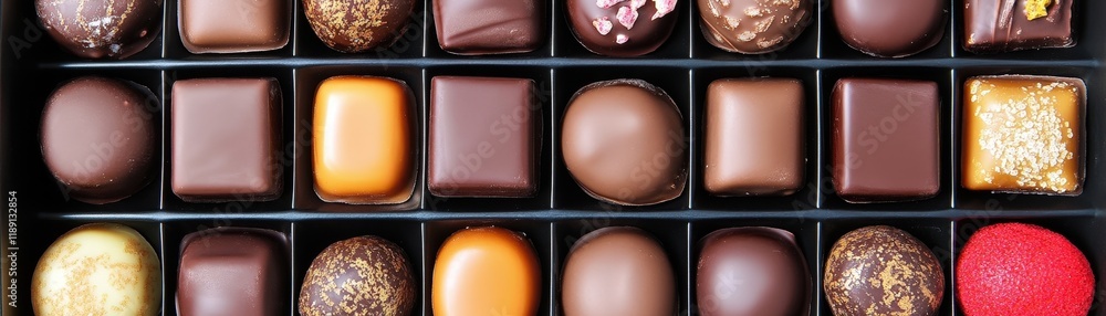 Poster assorted box of chocolates with various shapes and colors displayed on a wooden table valentine day