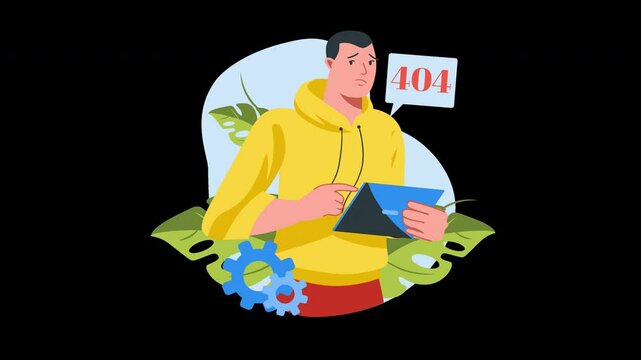 A concerned man in a yellow hoodie checks a tablet for a 404 error amidst green leaves, representing technological issues.