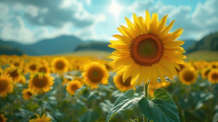 Vibrant sunflower in a field, sunny day, mountains background.