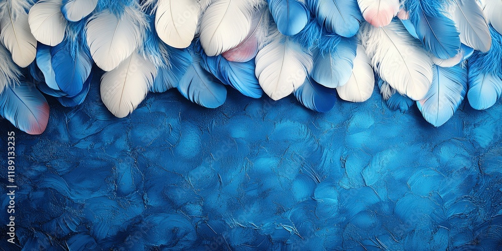 Poster Blue background with white feathers creating a soft and serene atmosphere for design projects valentine day