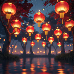 Enchanting Lunar New Year scene with glowing red and gold lanterns