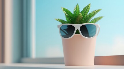 Cheerful 3D Rendering of a Potted Plant Wearing Stylish Sunglasses in a Bright Sunny Environment by the Window
