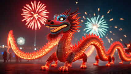 Fototapeta premium Illuminated Dragon, Chinese New Year Fireworks - Festive celebrations