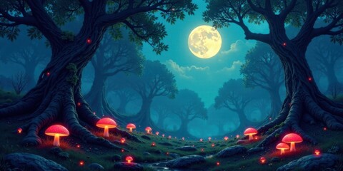 Obraz premium Enchanted Forest at Night Glowing Mushrooms and Ancient Trees under a Full Moon
