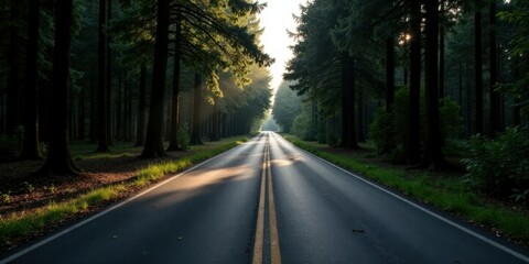Fototapeta premium Sunlit Asphalted Road Through a Lush Forest Canopy