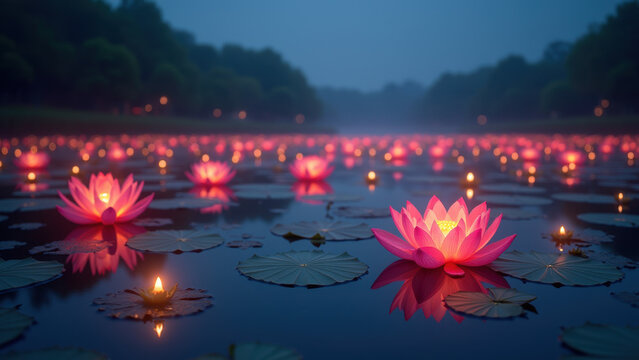 Illuminated Lotus Flowers on Water at Night - Nature & Serenity: Th.