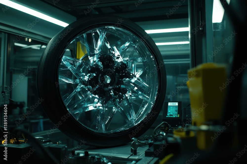 Poster detailed close-up of a tyre being rotated on a balancing machine under cold fluorescent lighting wit