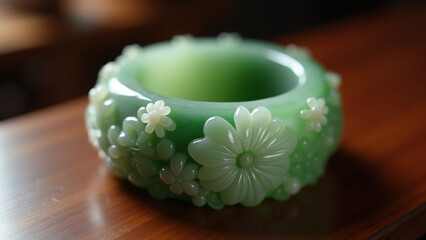 Jade Flower Bracelet, Green Carving, Asian Decor - Artisan crafts