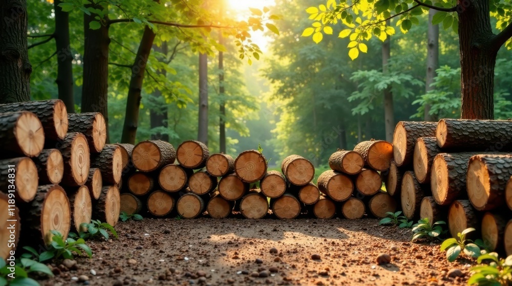 Poster Forest Path Blocked by Stacked Logs at Dawn
