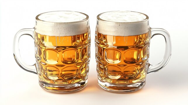 Celebratory cheers with two beer mugs. Vector graphic for celebrations and pubs