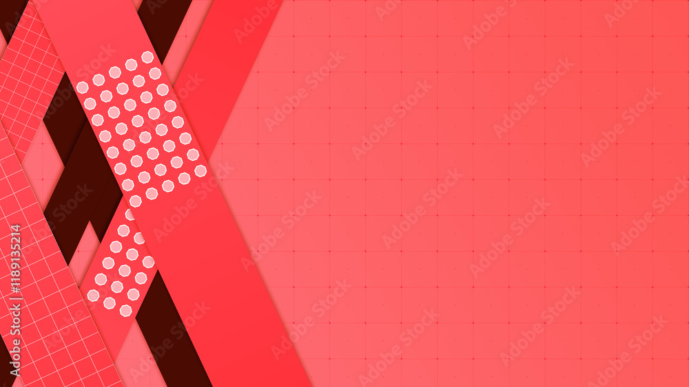 Poster red and gray shapes at the left of a dot grid gradient abstract background, horizontal composition. 