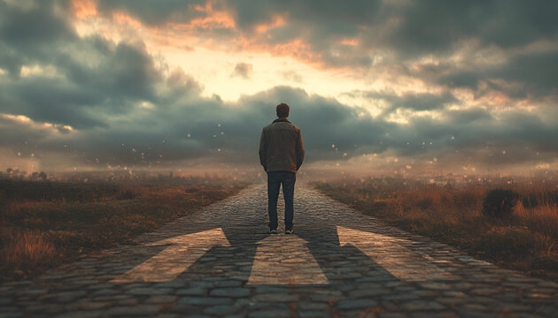 Confident man, hands on hips, stands in front of a crossroad with road split in three different ways as arrows. Choosing the correct pathway between left, right and front. Difficult decision concept