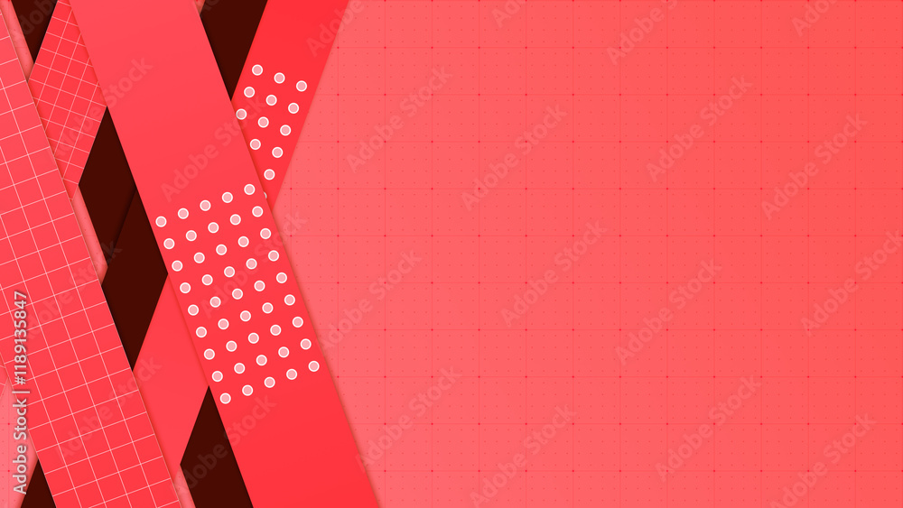 Poster red and gray shapes at the left of a dot grid gradient abstract background, horizontal composition. 