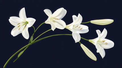 Fototapeta premium Soft White Lilies Digital Illustration on Deep Navy Background