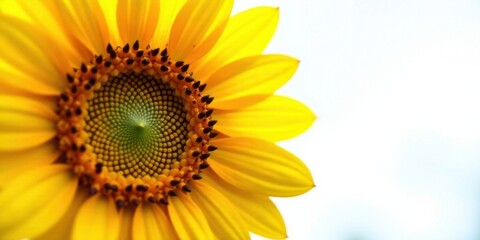 Obraz premium Close-up view of a vibrant yellow sunflower, showcasing the intricate detail of its disk florets and petals against a soft, bright background