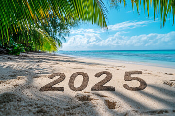 Tropical New Year 2025 Written in Sand on Beach