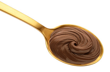 Chocolate cream in golden spoon isolated on white background, top view