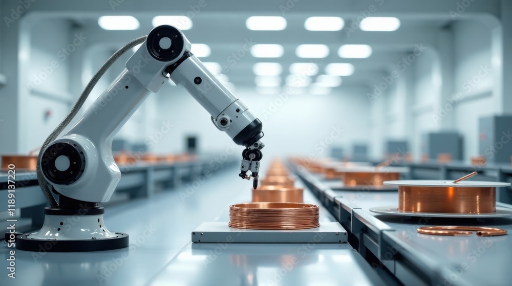 Poster automated robotic arm precisely handling copper wire coils in a modern factory setting