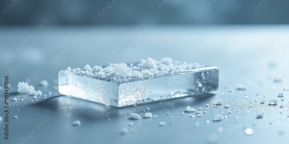 Aufkleber Crystalline Block of Ice with Frost and Small Ice Crystals on a Smooth Surface