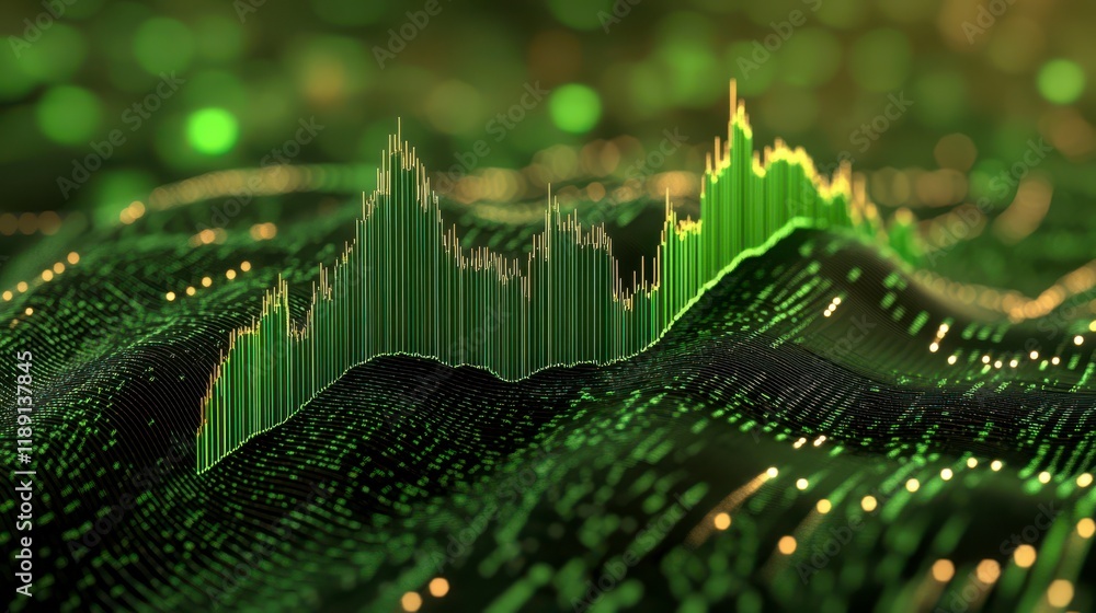 Poster a digital visualization of a green wave graph, depicting data fluctuations and trends in a dynamic, 
