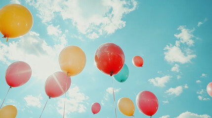 Colorful balloons flying into the blue sky. summer festival holiday background, birthday celebration party decoration, happy anniversary event.