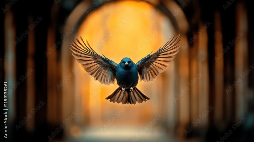 Poster dynamic motion, a high-fidelity image of a bird in flight with dynamically blurred wings showcasing 