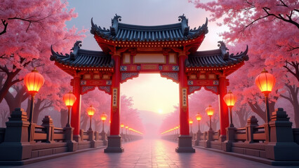 Fototapeta premium Serene Cherry Blossom Archway, Asian Gate - Asian-inspired aesthetics