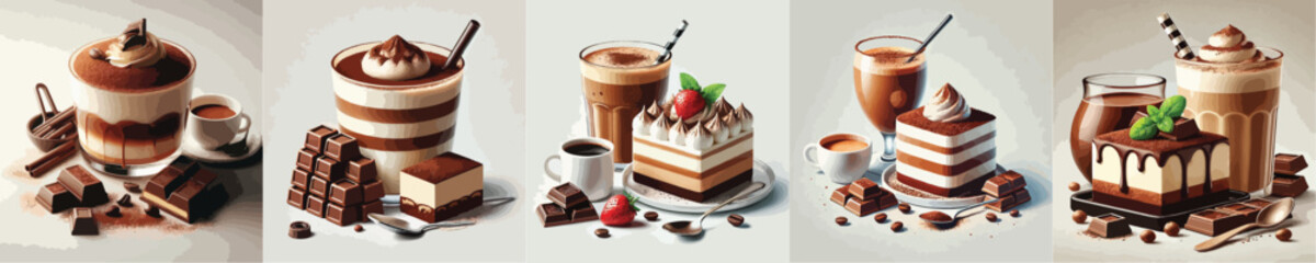 collection of delicious tiramisu and coffee drinks