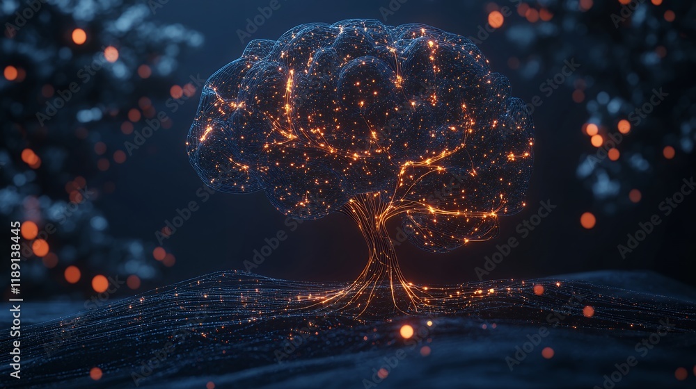 Poster luminous neural network tree abstract digital art ai technology concept