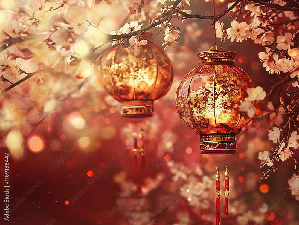 Poster glowing traditional lanterns with cherry blossoms on a bokeh background