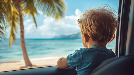 Fototapeta premium Little toddler boy looking at ocean or sea water and sand beach with palm trees through car window. drive transportation to summer holiday or vacation, vehicle road trip, kid, child, copy space.